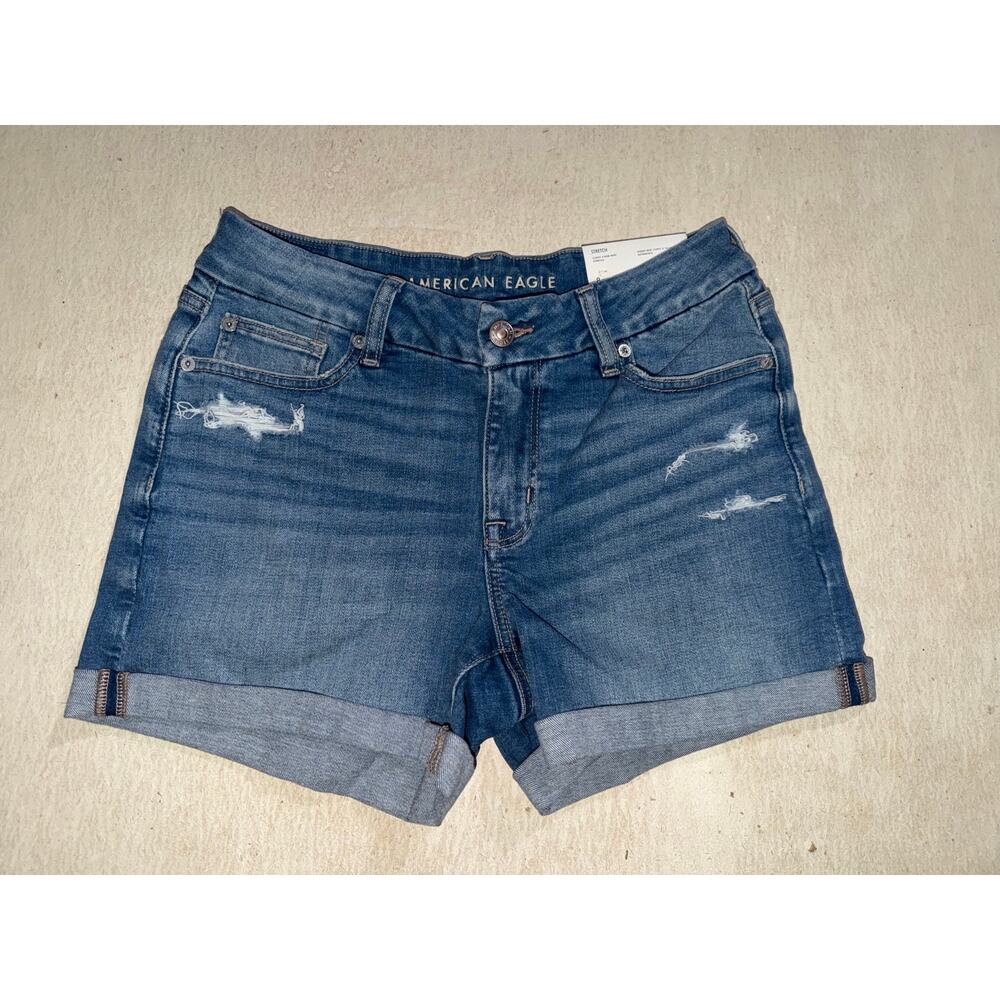 American Eagle women’s new stretch curvy v-rise midi blue jeans shorts - Picture 3 of 16